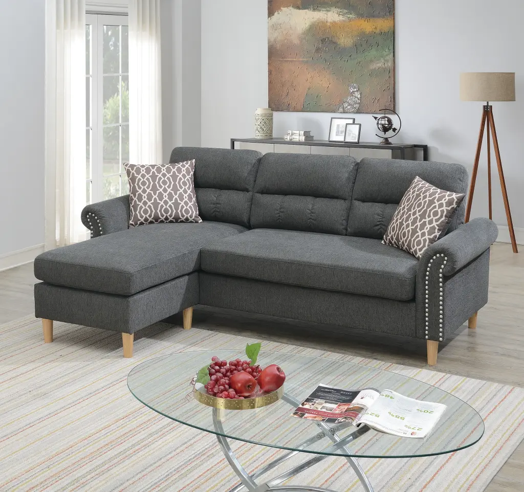 Slate Hue Polyfiber Reversible Sectional Sofa Set Chaise and Pillows Living Room kanepe