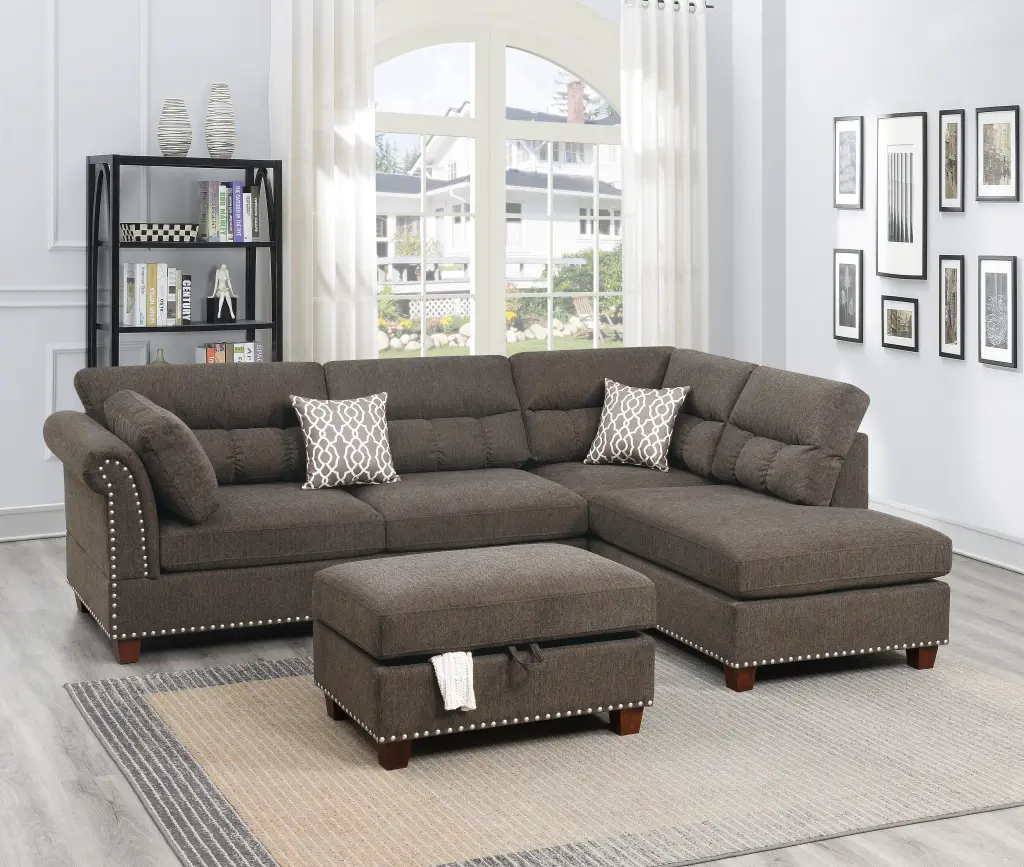 Tan Velvet Fabric Reversible Chaise Sectional Sofa Living Room kanepe