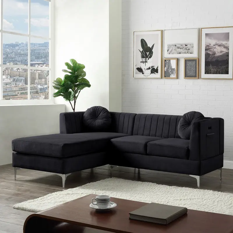 Chloe 85.5 Black Velvet Sectional Sofa Chaise USB Charging Port Modern Design lilola home