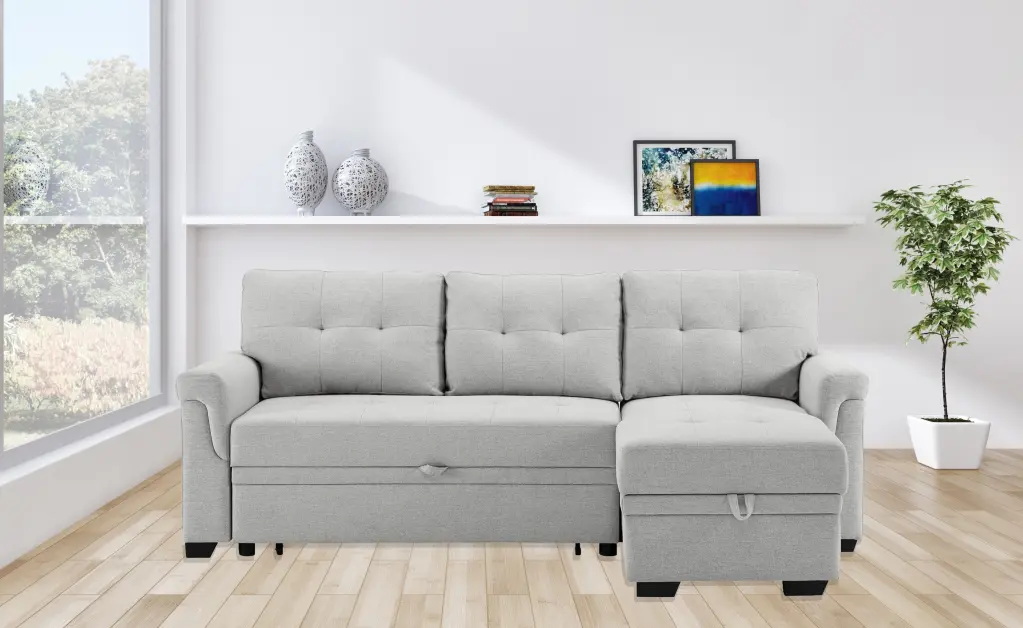 Destiny 84 Inch Light Gray Linen Reversible Sleeper Sectional Sofa lilola home
