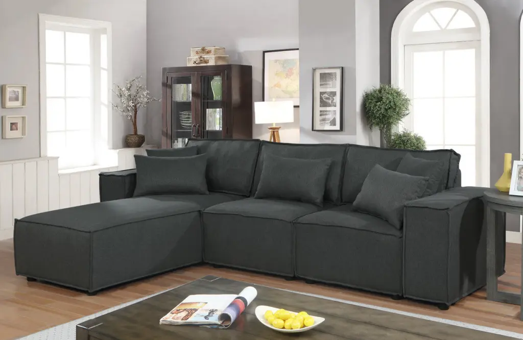 Harvey 104 Inch Sofa Reversible Chaise Dark Gray Linen Fabric lilola home