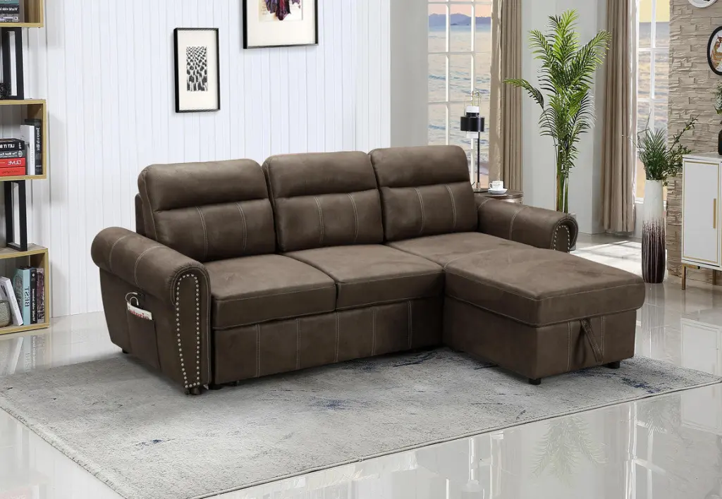 Hugo 96 Inch Brown Reversible Sleeper Sectional Sofa Chaise USB Charging lilola home