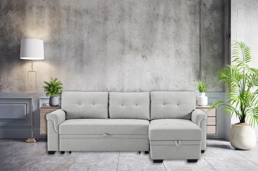 Hunter 84 Inch Light Gray Linen Reversible Sleeper Sectional Sofa lilola home