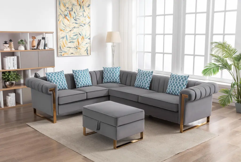 Maddie 109 Inch Gray Velvet 6 Seater Sectional Sofa Storage Ottoman lilola home