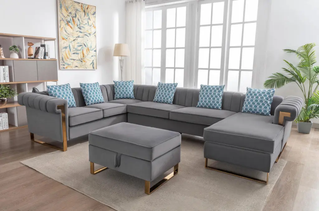 Maddie 130.5" Gray Velvet 7 Seater Sectional Sofa Reversible Chaise lilola home