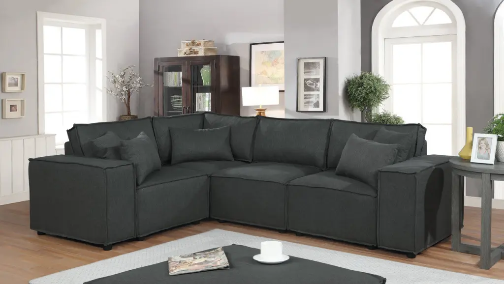 Melrose 99 Inch Modular Sectional Sofa Ottoman Dark Gray Linen lilola home