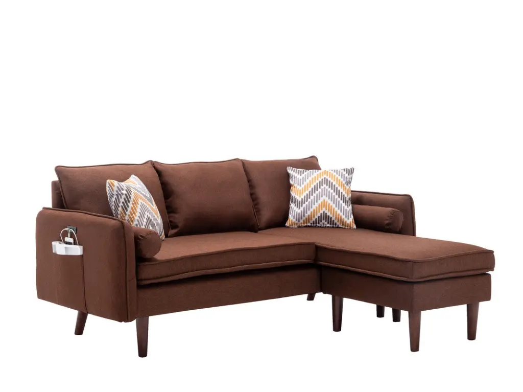 Mia 70 Inch Brown Sectional Sofa Chaise USB Power Adapter And Pillows lilola home