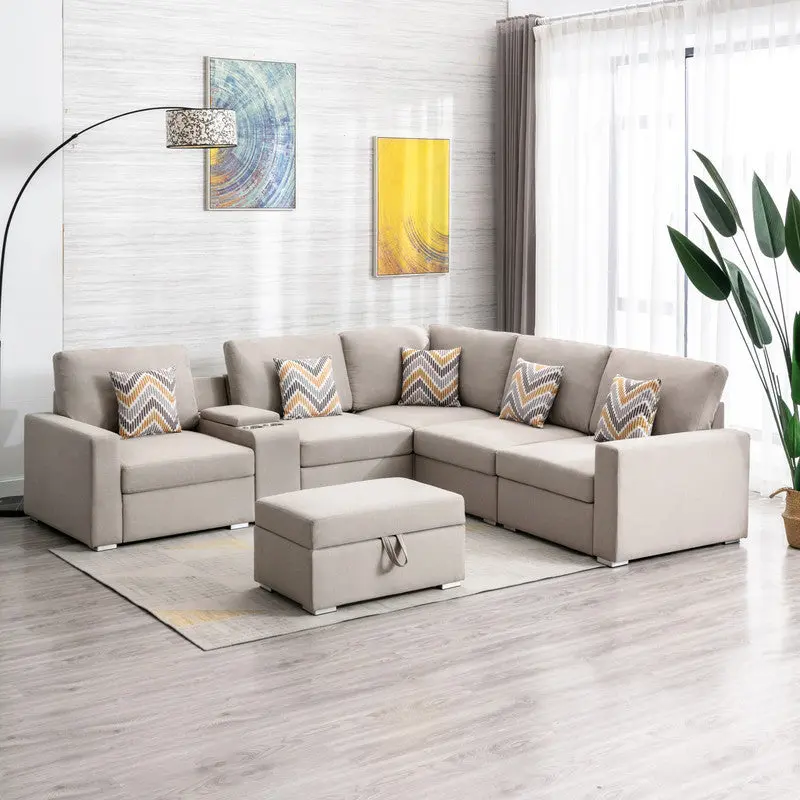 Nolan 106 Inch Beige Linen 7 Piece Reversible Sectional Sofa Ottoman lilola home