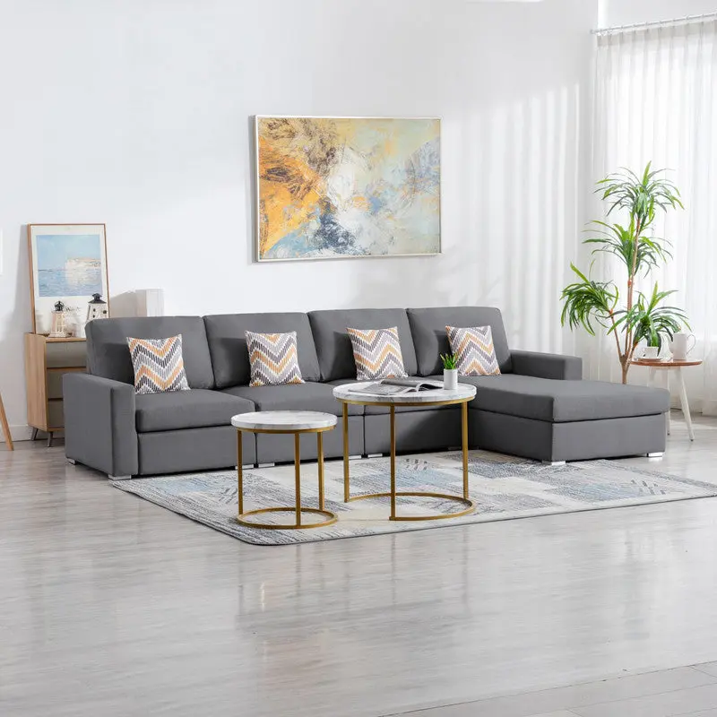 Nolan 124 Gray Linen Fabric 4Pc Reversible Sectional Sofa Chaise Ottoman lilola home