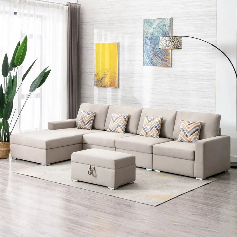 Nolan 124 Inch Beige Linen 5 Piece Reversible Sofa Chaise Interchangeable Sections lilola home