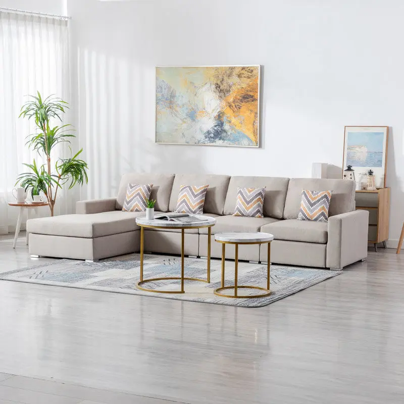 Nolan 124 Inch Beige Linen 4 Piece Reversible Sectional Sofa Chaise lilola home