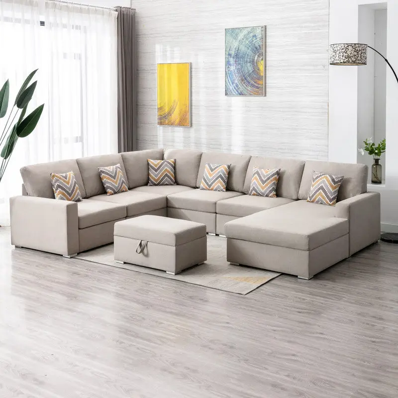 Nolan 124 Inch Beige Linen 7 Piece Reversible Chaise Sectional Sofa Pillows lilola home