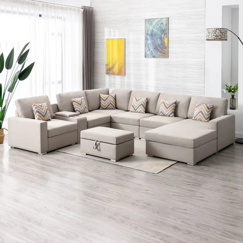 Nolan 124 Inch Beige Linen 8 Piece Reversible Chaise Sectional Sofa Storage lilola home