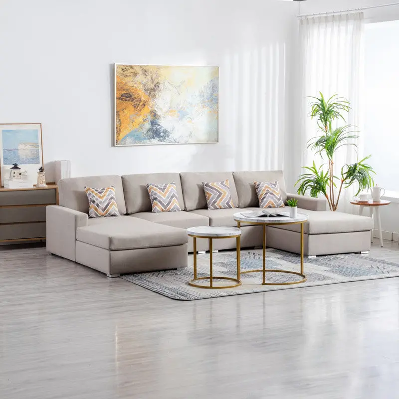 Nolan 124 Inch Beige Linen 4 Piece Double Chaise Sectional Sofa Pillows lilola home