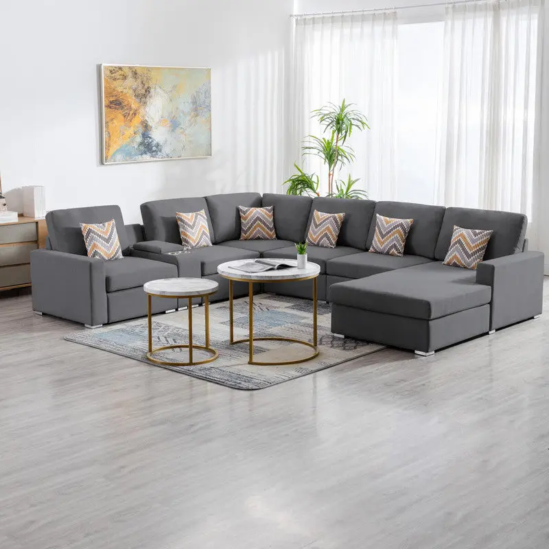 Nolan 124 Inch Gray Linen Fabric 7 Piece Reversible Chaise Sectional Sofa lilola home