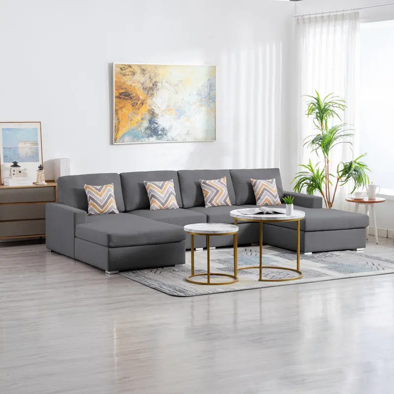Nolan 124 Inch Gray Linen Material 4Pc Double Chaise Sectional Sofa Pillows lilola home