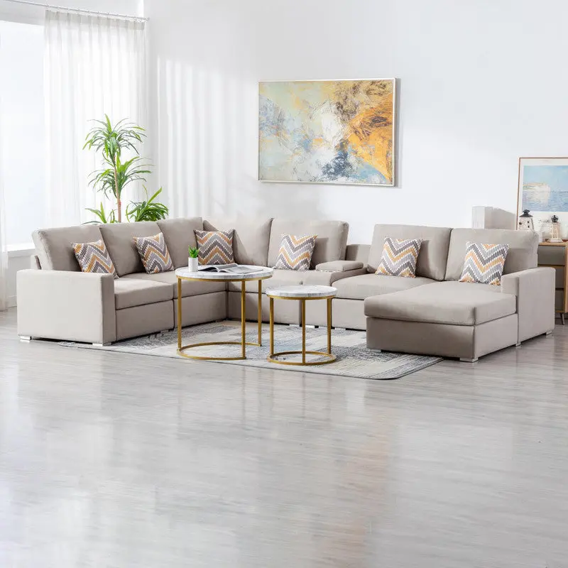 Nolan 135 Inch Beige Linen 7-Piece Reversible Chaise Sectional Sofa lilola home