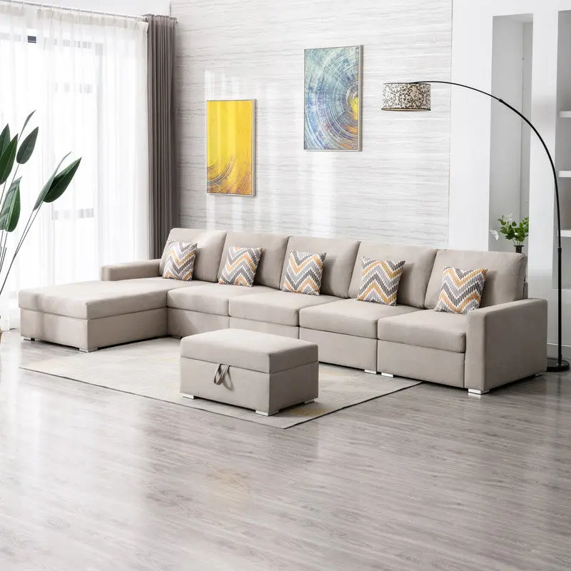 Nolan 152 Inch Beige Linen Material 6Pc Reversible Sectional Sofa Chaise lilola home