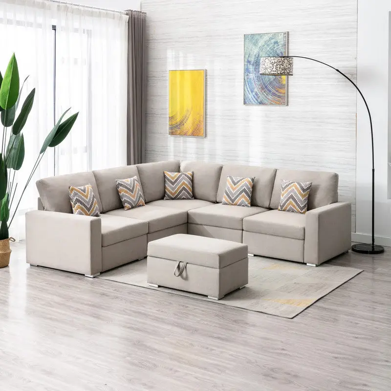 Nolan 95.5 Inch Beige Linen 6 Piece Reversible Sectional Sofa Pillows lilola home