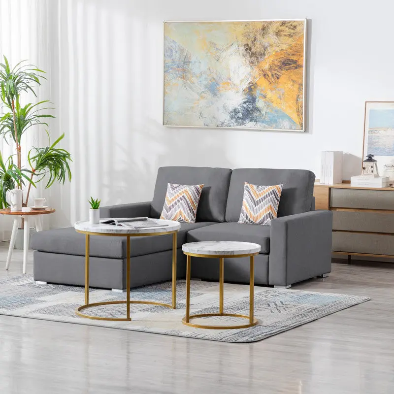 Nolan 67 Inch Gray Linen 2 Seater Reversible Sofa Chaise Pillows lilola home