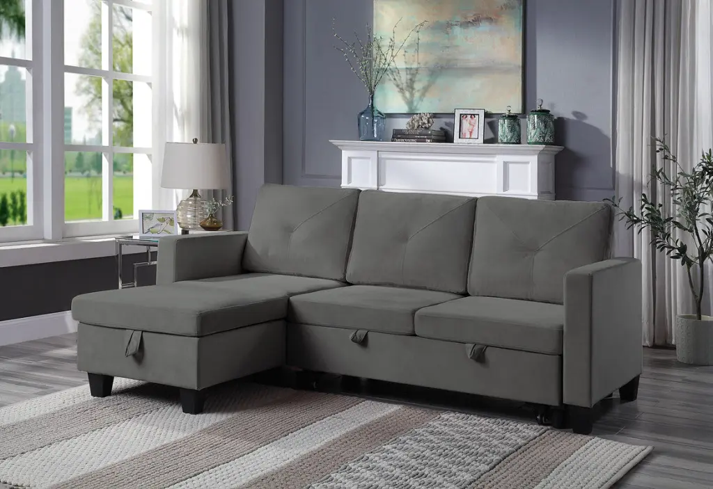 Nova 82.5 Inch Dark Gray Velvet Reversible Sleeper Sectional Sofa Storage lilola home