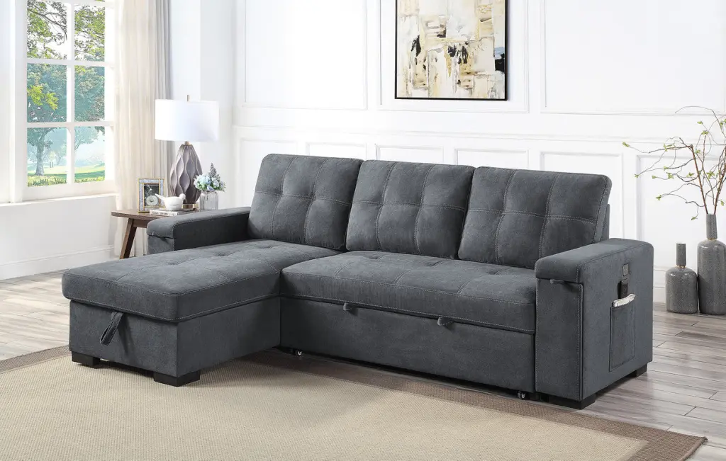 Toby 95-Inch Gray Woven Reversible Sleeper Sectional Sofa Storage lilola home