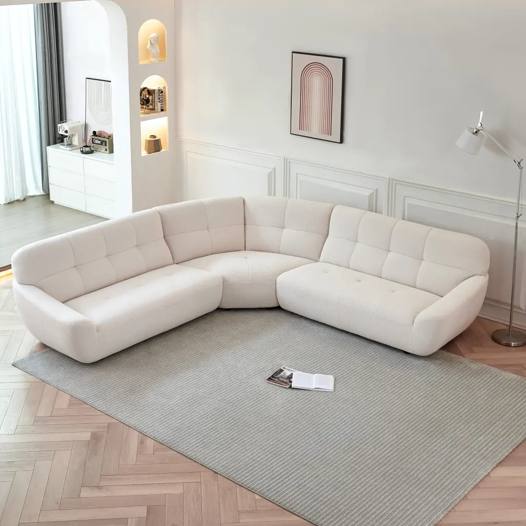 113 Inch Large Lamb Fabric Sofa Modern Corner Sectional Sofa Tufted Design modasi