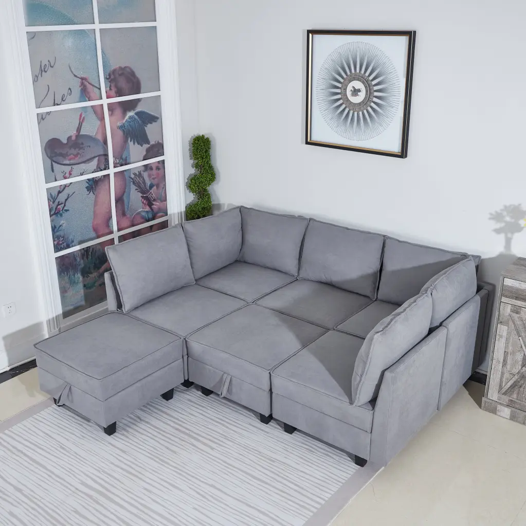 7 Seat Couch Woven Fabric 7 Seater Sectional Sofa Storage Grey nan kun