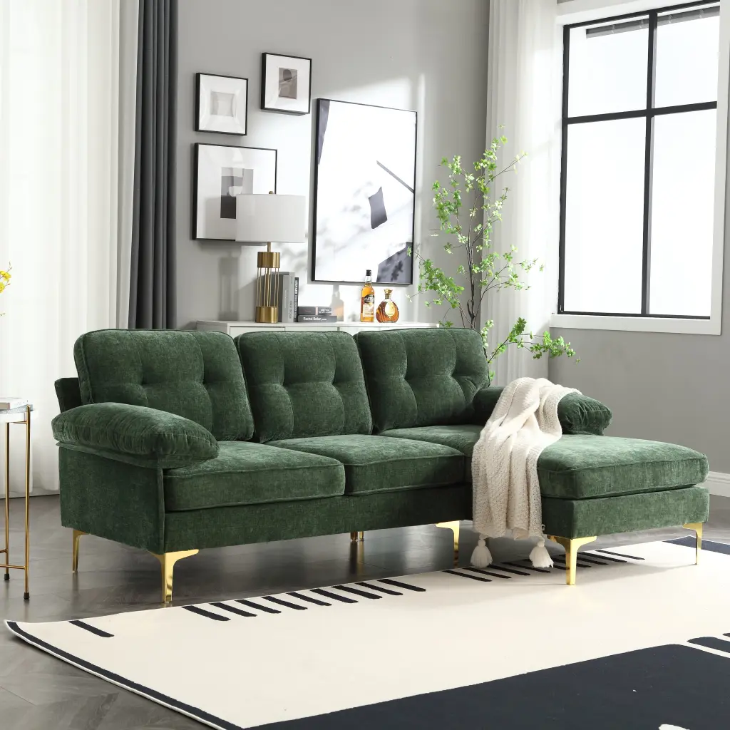 L Shape Sofa Green Chenille Soft Cushion Back Medium Duty Pine Solid Wood Frame nan kun