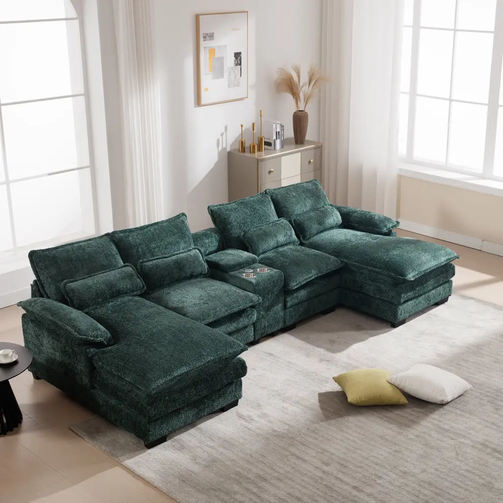 U Shaped Sectional Sofa Console Green Chenille 4 Seater Modern Couch nan kun