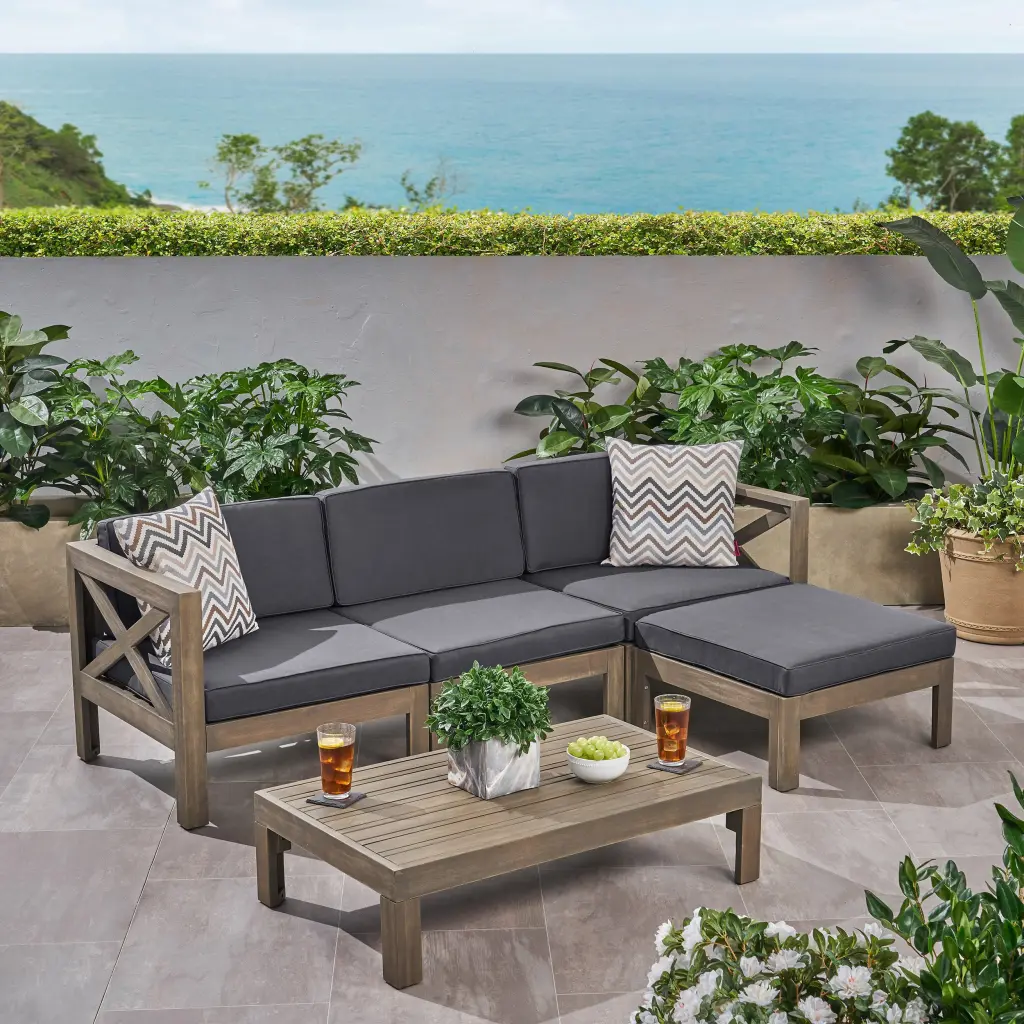 Alcove L-Shape Sofa Set Dark Grey 4-Seater Acacia Wood Living Room Furniture nh-gardenpara