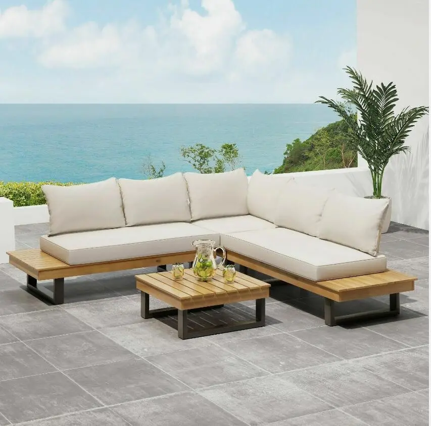 Sebastian 4 Piece Sofa Set Beige Acacia Wood Living Room Furniture nh-gardenpara
