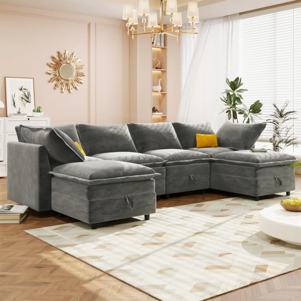 Mirod 126 Inch Multi Functional 6 Piece Modular Sofa Bed Storage Chic Fabric Sectional nh-mirod