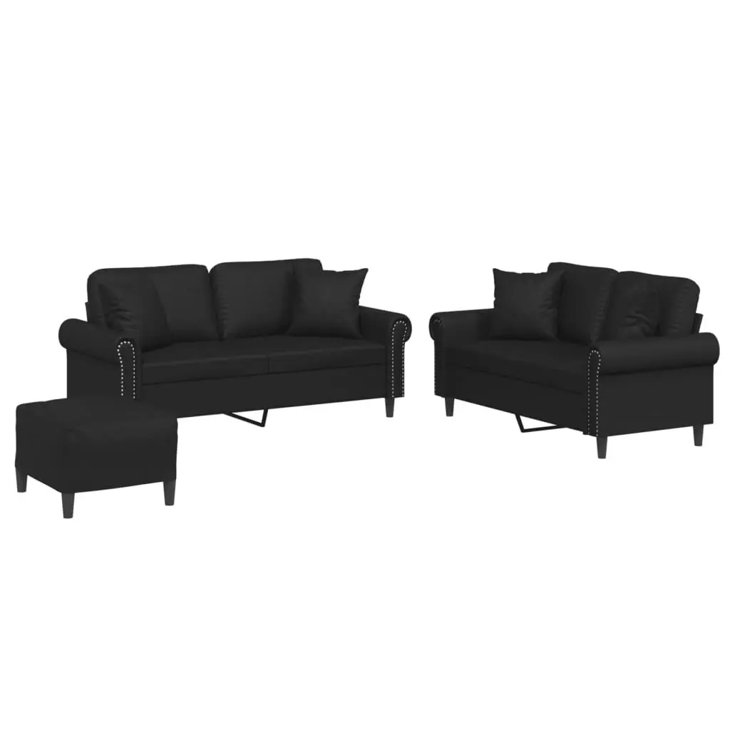 3 Piece Sofa Set Pillows Black Faux Leather Living Room Furniture