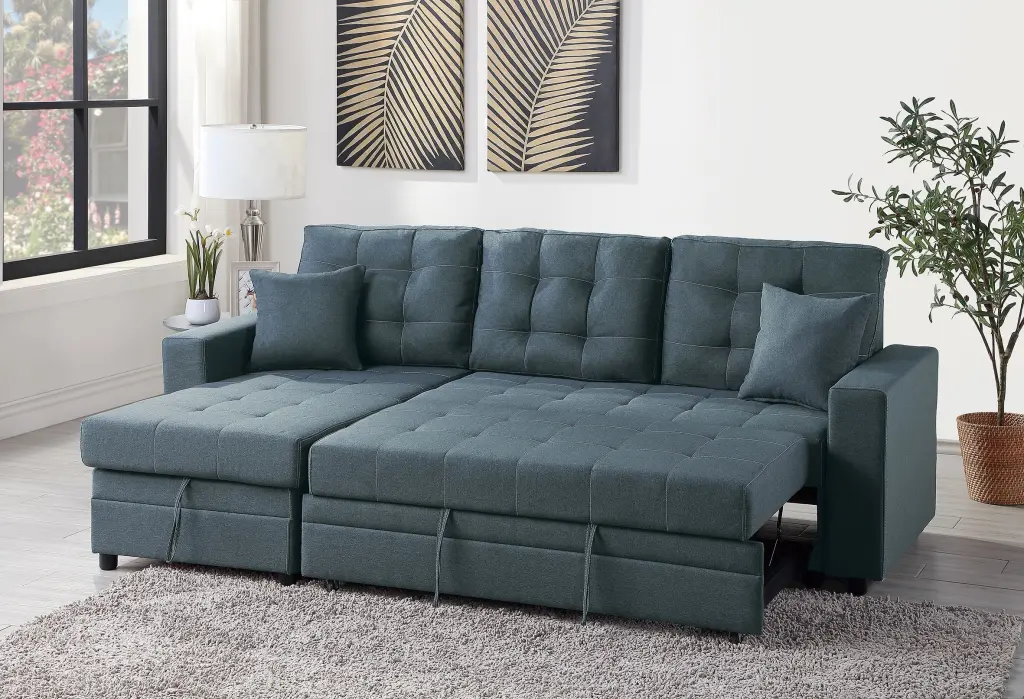 Sectional Black Faux Hide Blue Grey Material Modern Sofa poundex