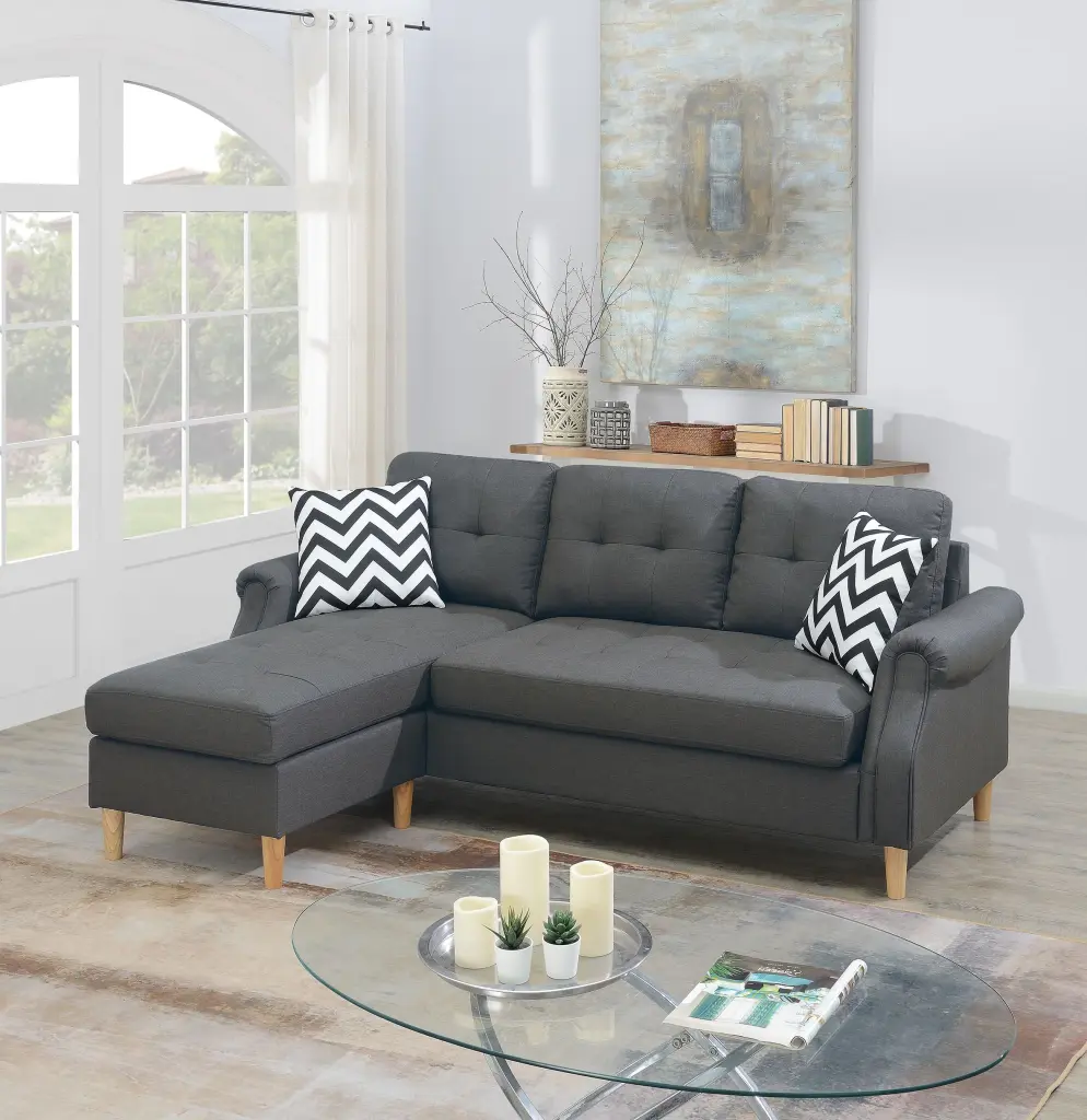 Sectional Sofa Black Faux Leather Blue Grey Fabric Living Room poundex
