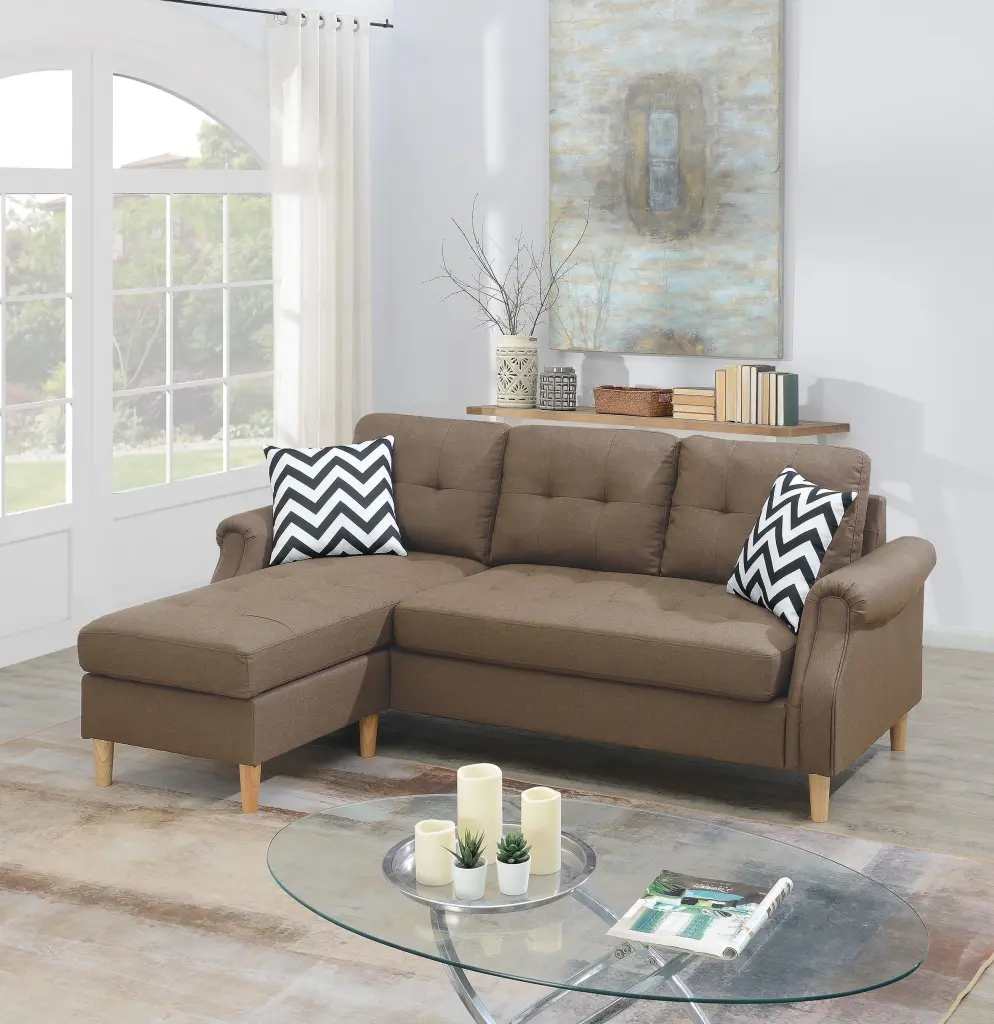 Sectional Sofa Black Faux Leather and Light Coffee Fabric poundex