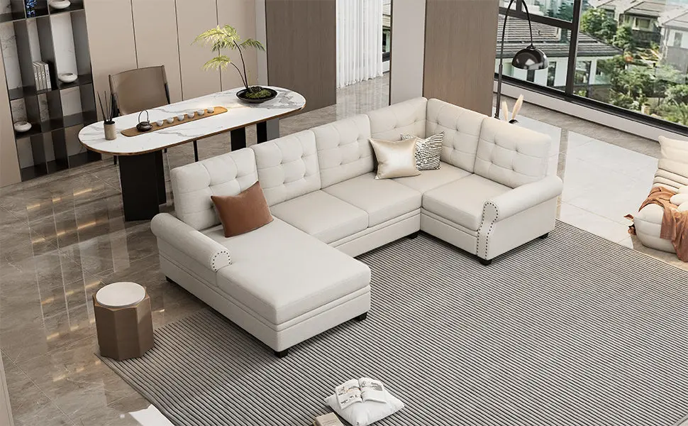 120 Inch Modern U Shaped Corner Sectional Sofa Linen Fabric rnb