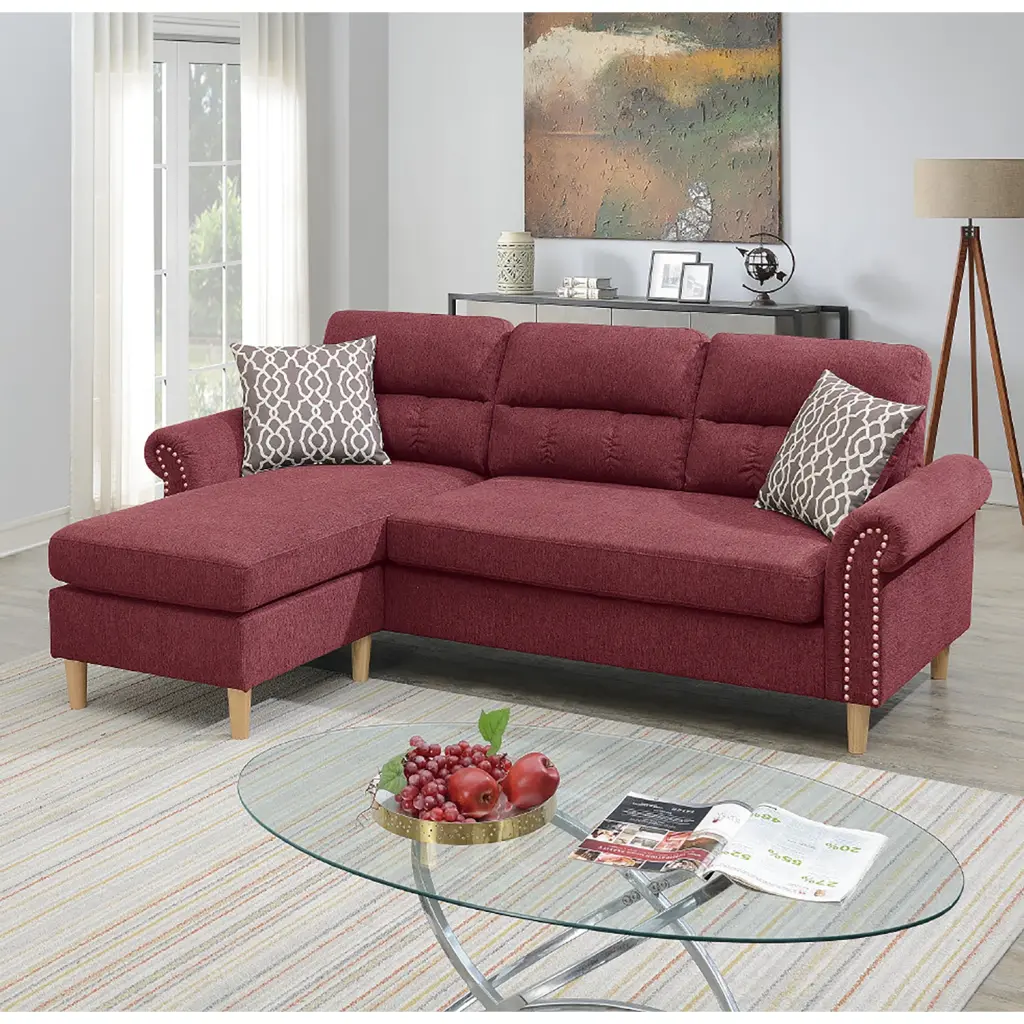 Velvet Reversible Sectional Sofa Paprika Red Rolled Arms simple relax