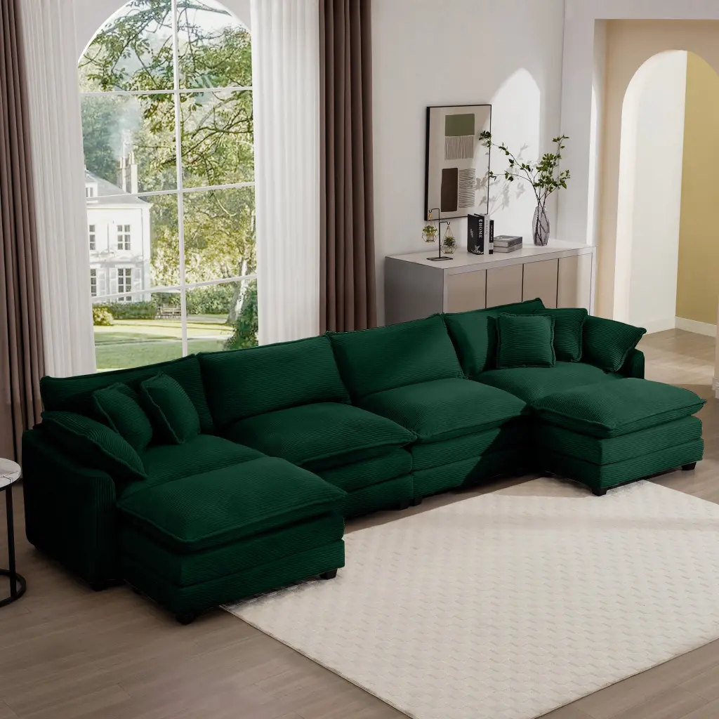 Corduroy Sofa Modern Upholstered 4 Seater 3 Footstools Corduroy Fabric ui furniture