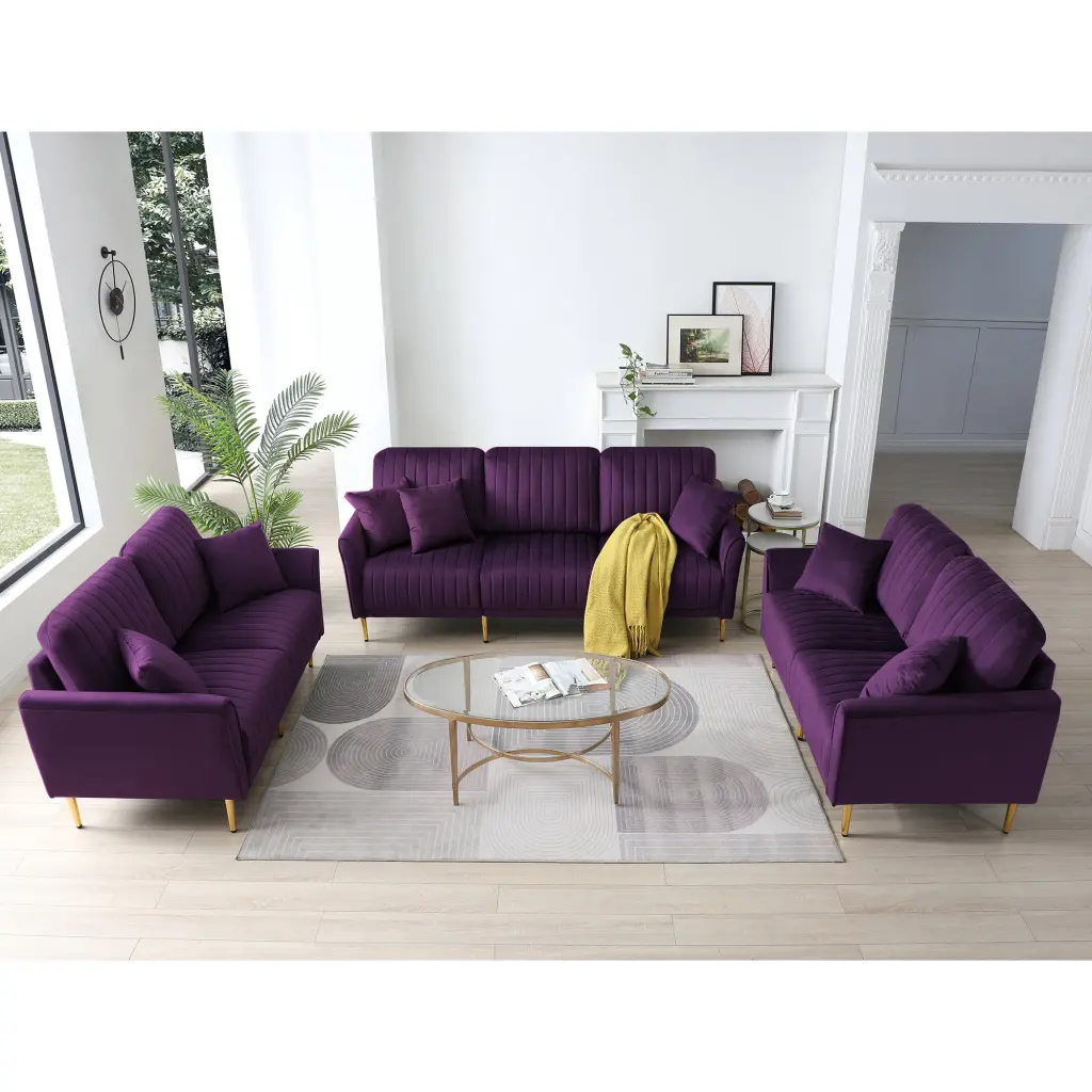 3 Piece Sectional Sofa Set Modern Velvet Upholstered Sofa Couch Chaise Lounge ui furniture