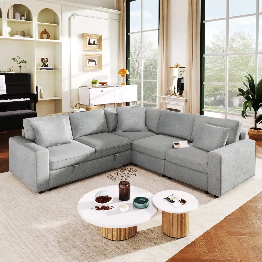 4 Seat L-Shaped Modular Sofa Thick Backrest and Seat Cushions u_style