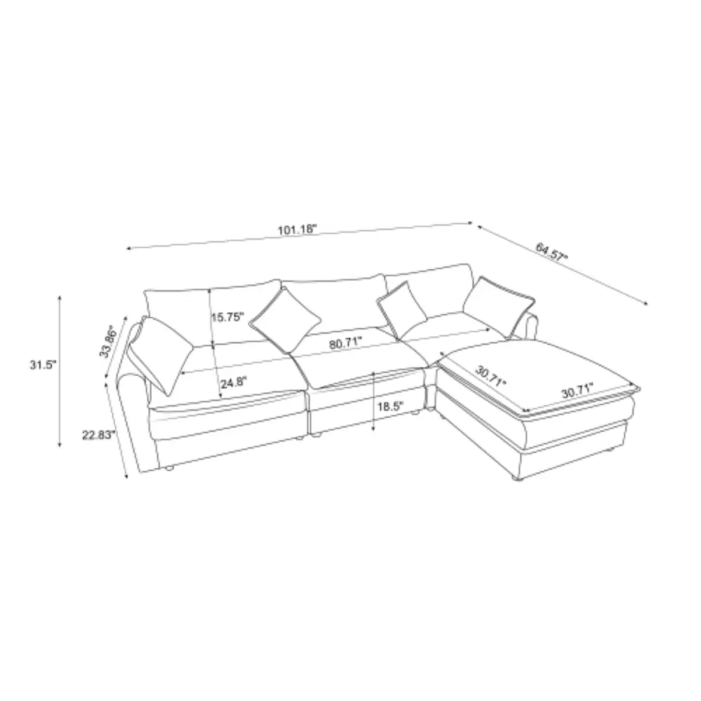 Modular Sectional Sofa 3 Seater L Shaped Sofa Ottoman Modern Living Room Furniture w2915
