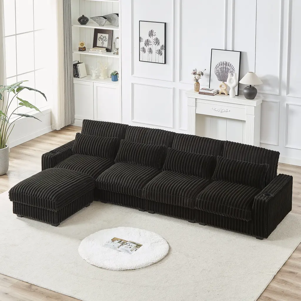 128 Inch L-Shaped Corduroy Sofa Cup Holder and Movable Design welike furniture