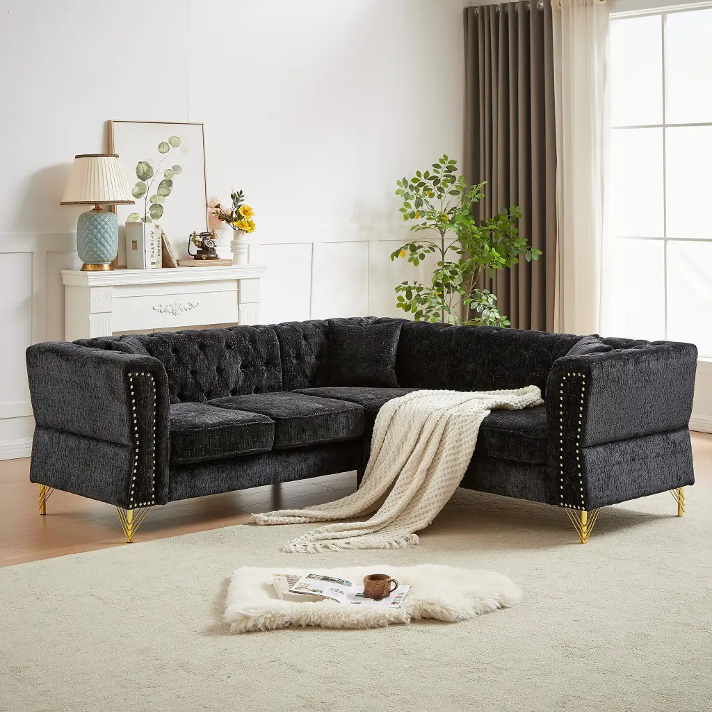 81.5 Inch Chenille Corner Sofa L Shaped Sectional Couch 5 Seater Corner Sofa Living Room welike furniture