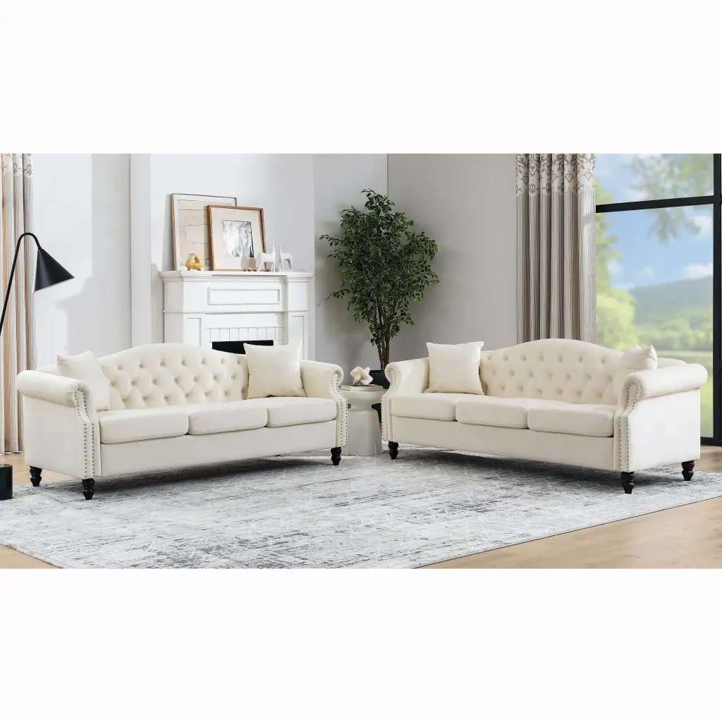 3 Seater Beige Velvet Combination Sofa Foam Cushions welike furniture
