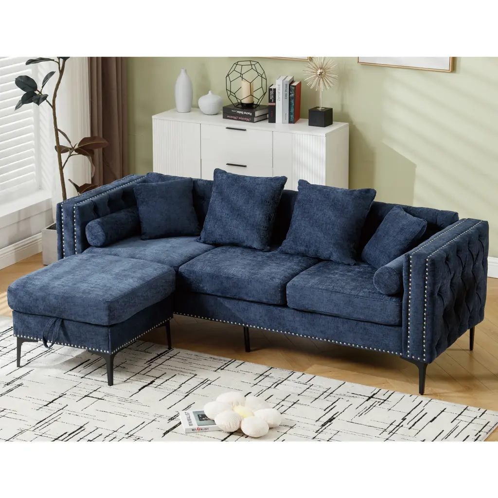 L Shaped Sectional Sofa Convertible Storage Ottoman Chenille Fabric Modern Design wf-furniture