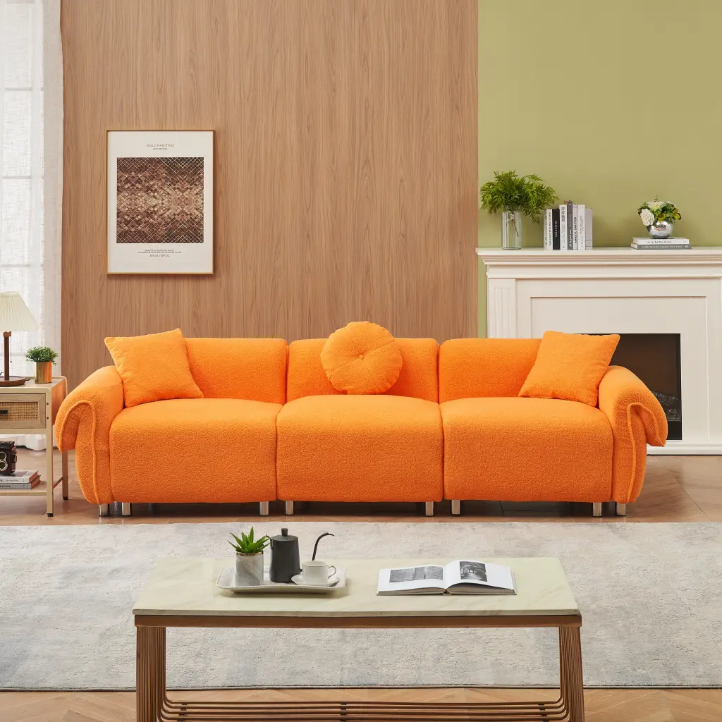112 Inch Orange Teddy Velvet Sofa 3 Pillows 3 Seater ylf fff