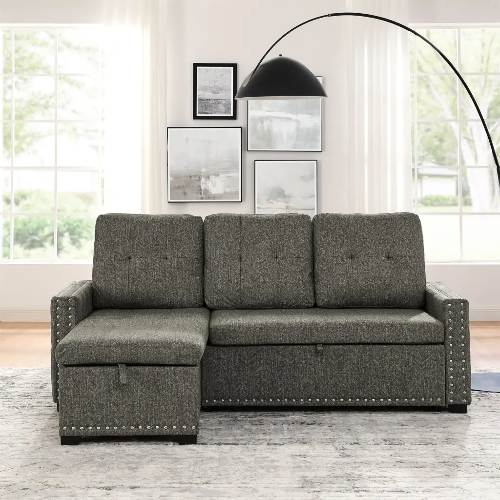 Grey Linen Sectional Sleeper Sofa Storage Chaise Living Room ching hing-furniture
