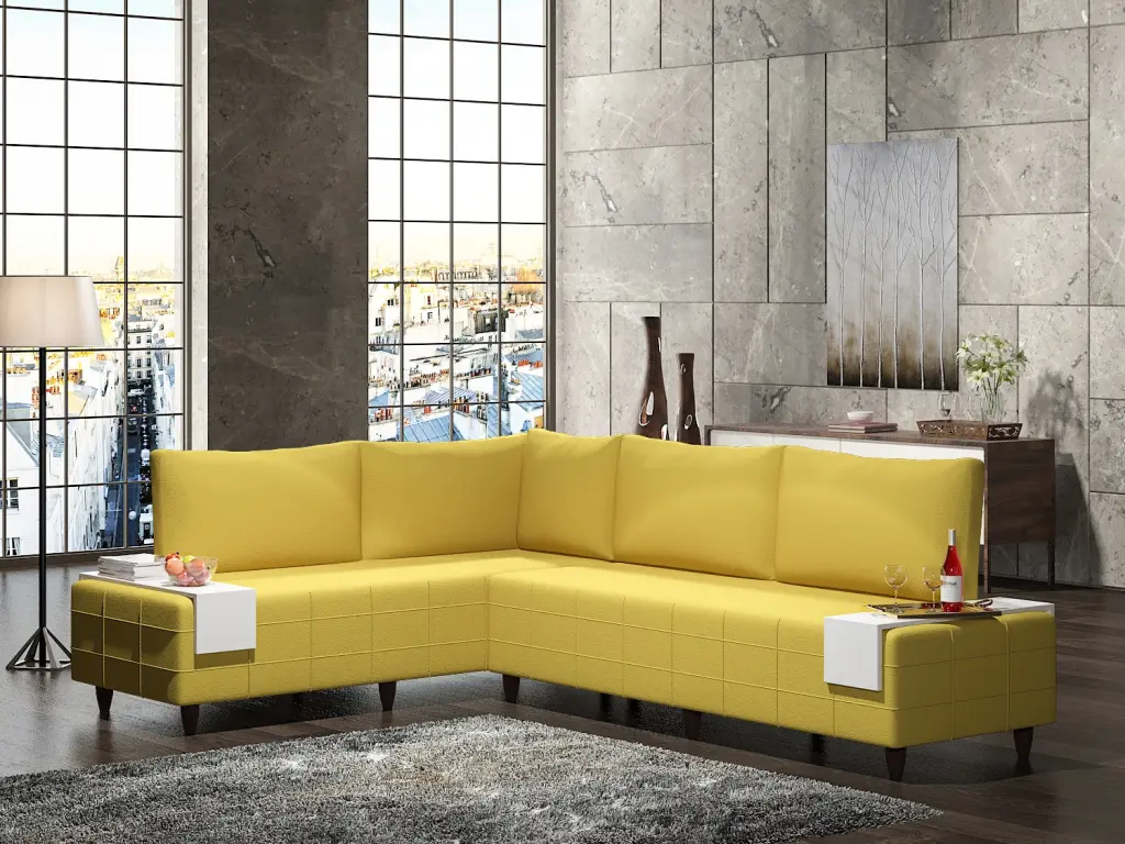 Inferno Sectional Yellow Yellow Foam Solid Timber 7 Seat furnia